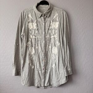 Soft Surroundings Petite Large Gray Floral Embroidered Long Sleeve RollTab Shirt